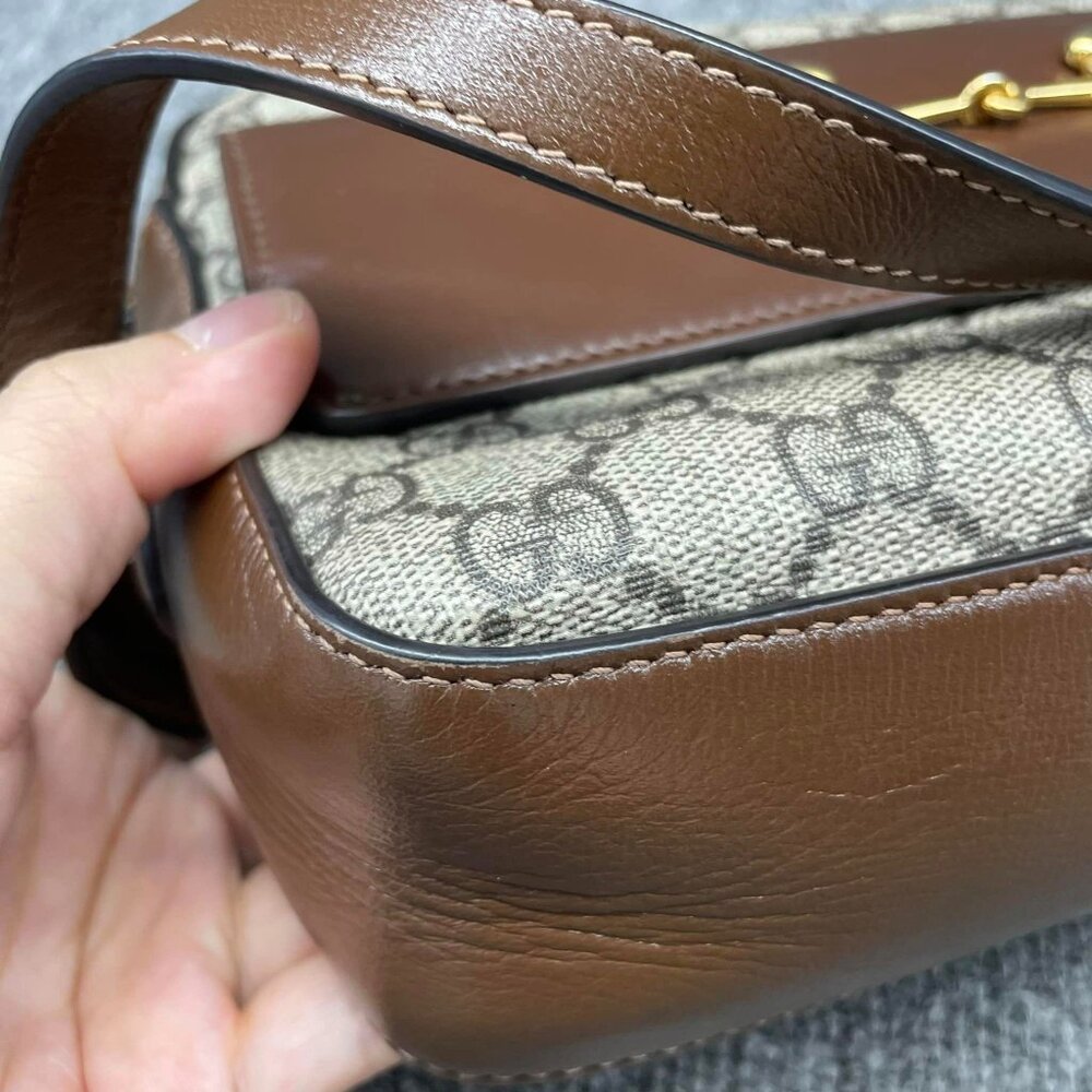 100% Authentic GUCCI Horsebit 1955 Brown Canvas Shoulder Bag - Picture 6 of 14